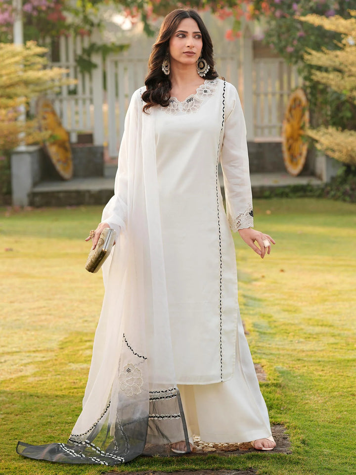 Cream Embroidered Art Silk Straight Suit