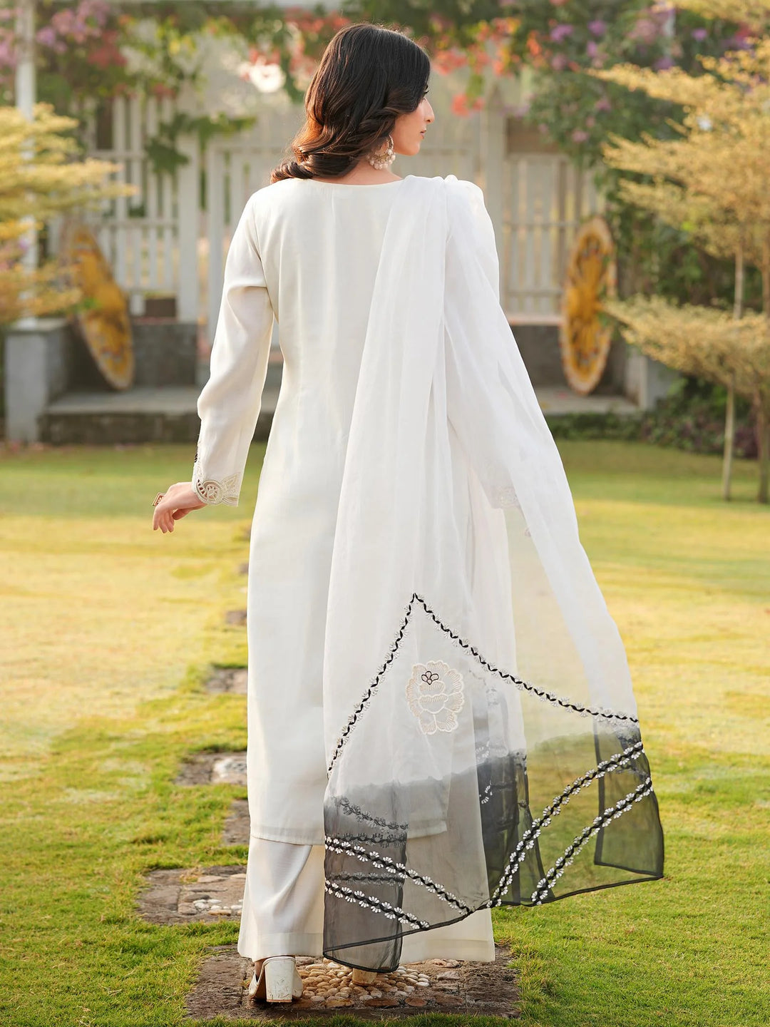 Cream Embroidered Art Silk Straight Suit