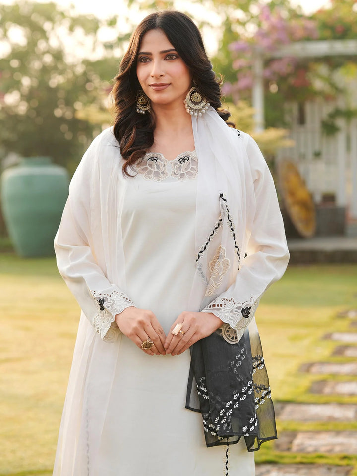 Cream Embroidered Art Silk Straight Suit