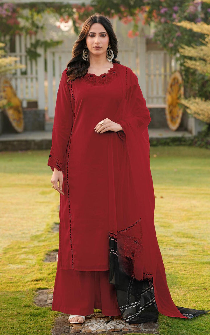 Maroon Embroidered Art Silk Straight Suit