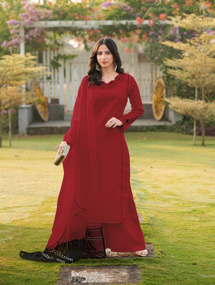 Maroon Embroidered Art Silk Straight Suit
