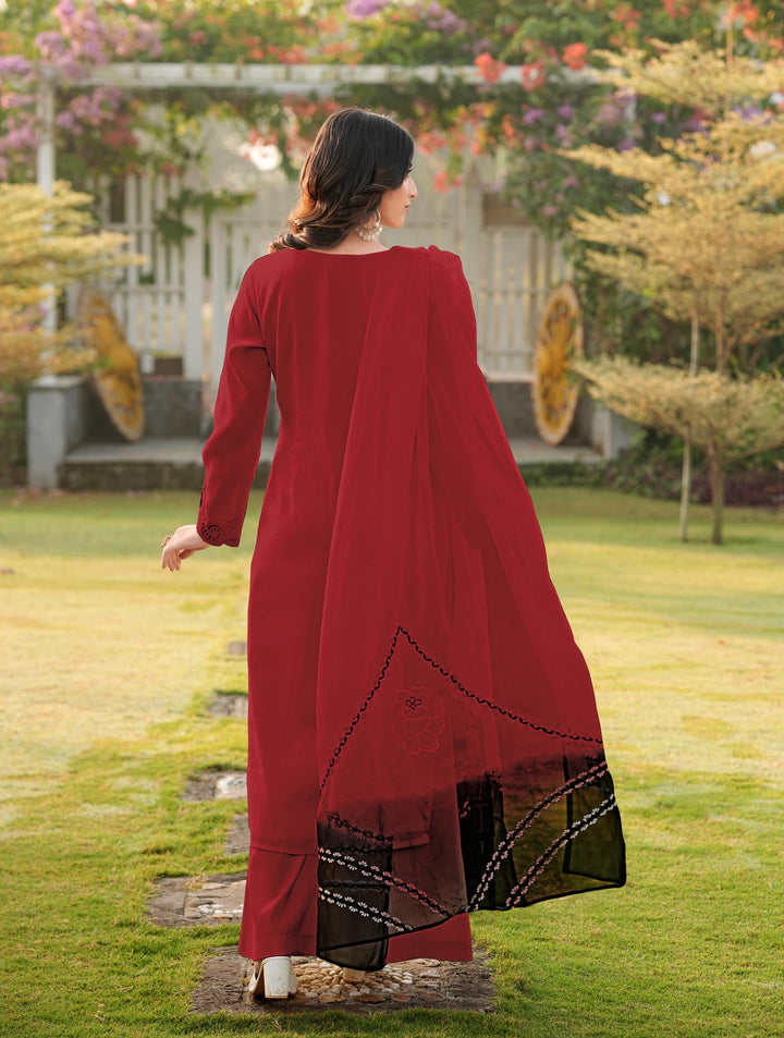 Maroon Embroidered Art Silk Straight Suit