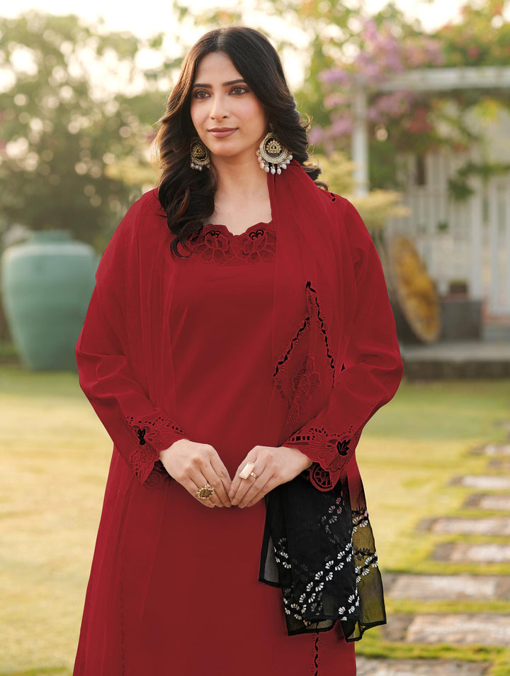 Maroon Embroidered Art Silk Straight Suit