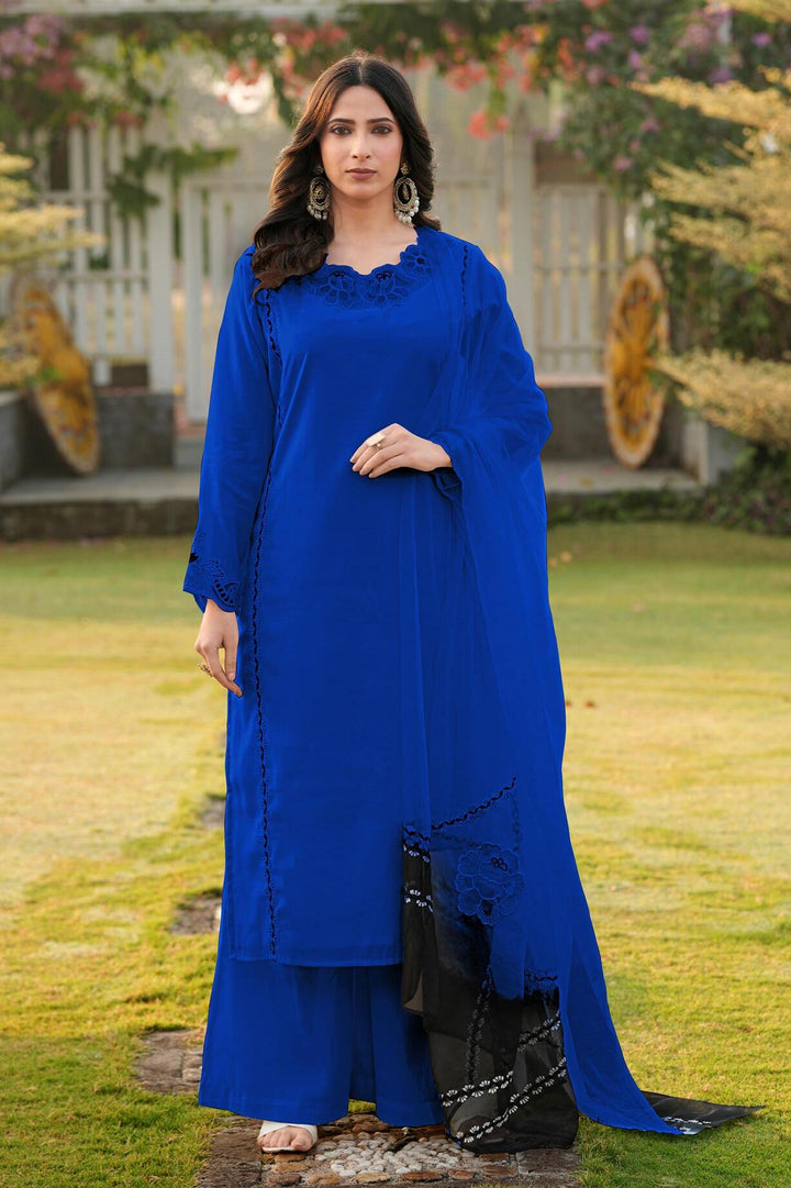 Royal Blue Embroidered Art Silk Straight Suit