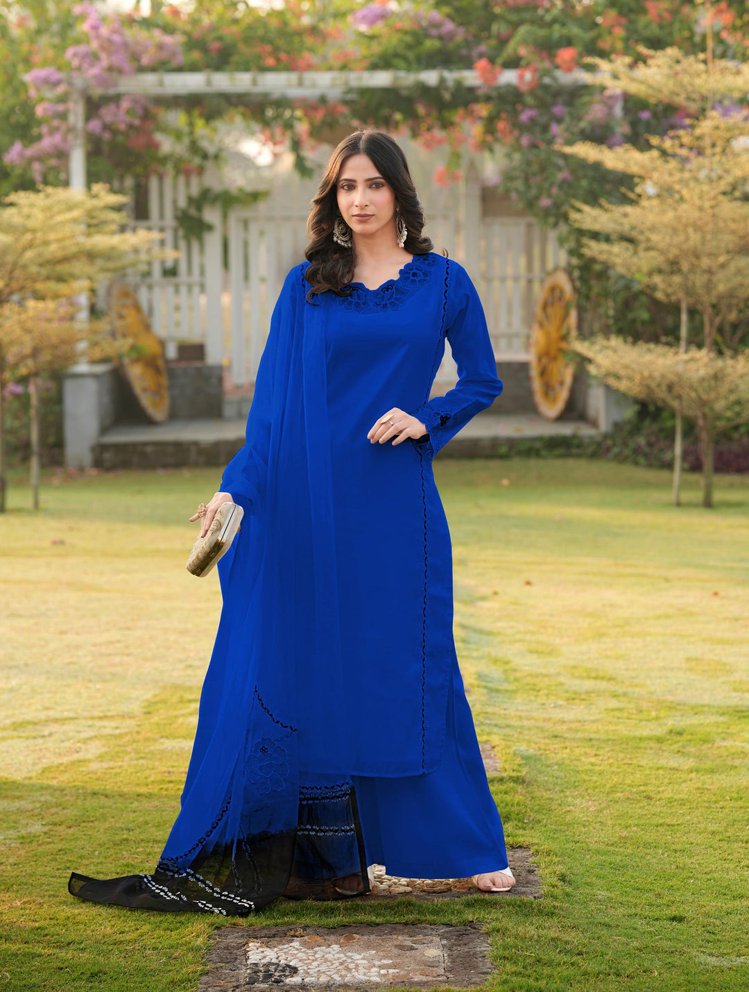 Royal Blue Embroidered Art Silk Straight Suit