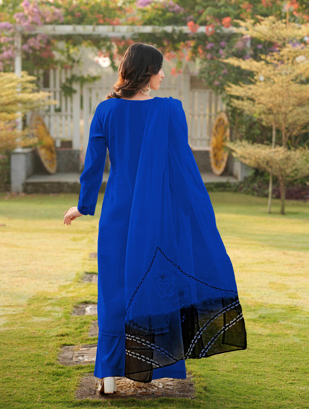 Royal Blue Embroidered Art Silk Straight Suit