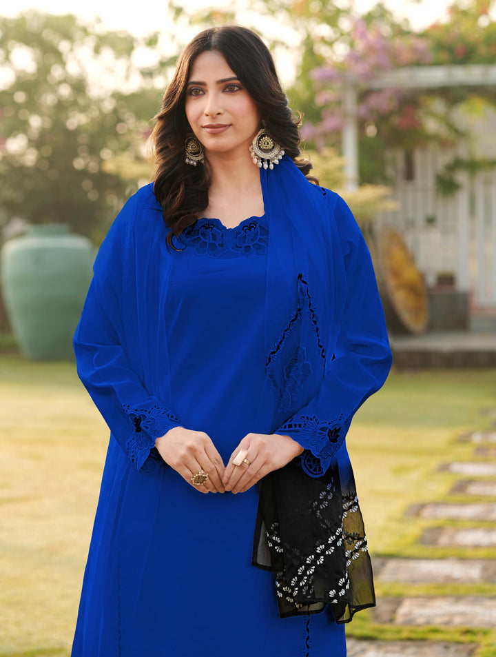 Royal Blue Embroidered Art Silk Straight Suit