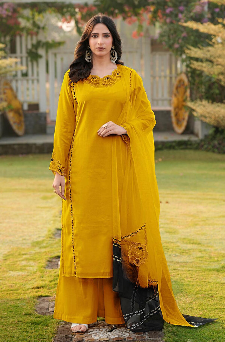 Yellow Pink Embroidered Art Silk Straight Suit
