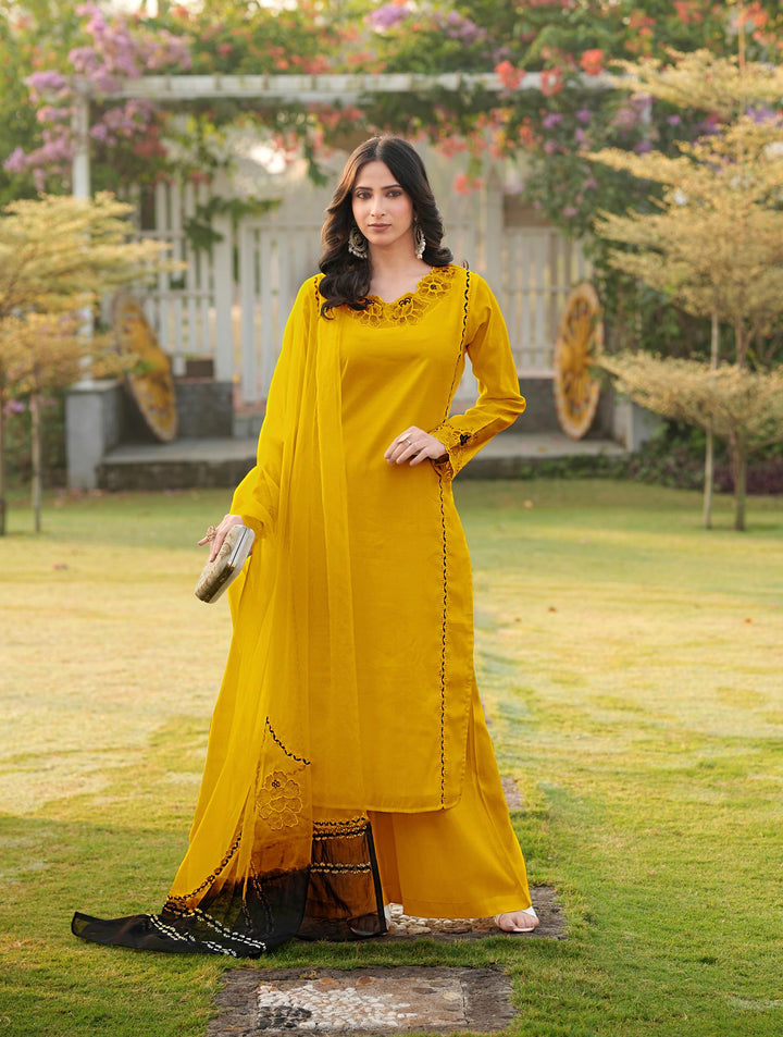 Yellow Pink Embroidered Art Silk Straight Suit