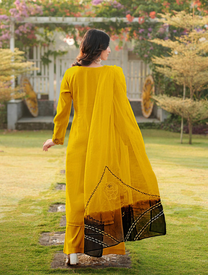Yellow Pink Embroidered Art Silk Straight Suit