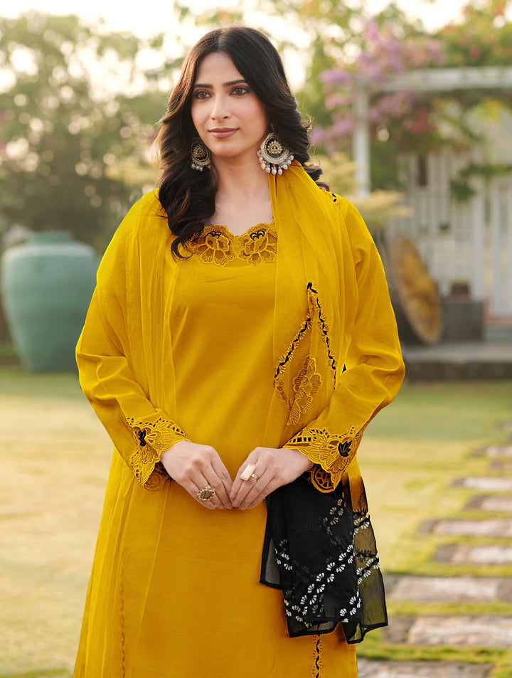 Yellow Pink Embroidered Art Silk Straight Suit