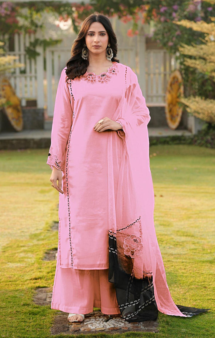 Light Pink Embroidered Art Silk Straight Suit