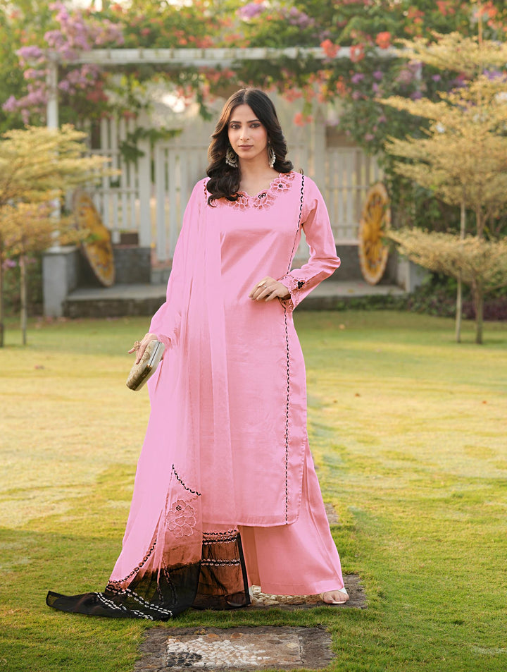 Light Pink Embroidered Art Silk Straight Suit
