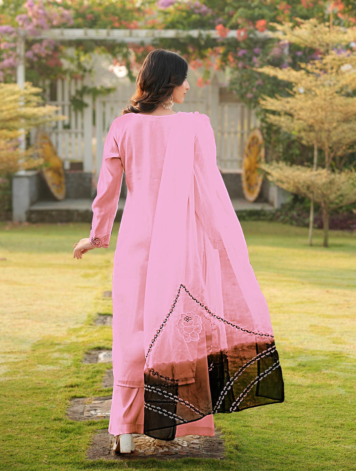 Light Pink Embroidered Art Silk Straight Suit