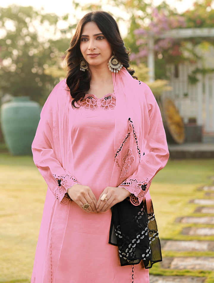 Light Pink Embroidered Art Silk Straight Suit