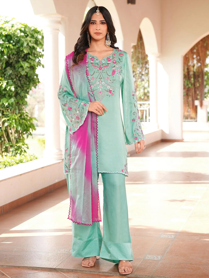 Light Green Hand Embroidery Modal Silk Straight Suit