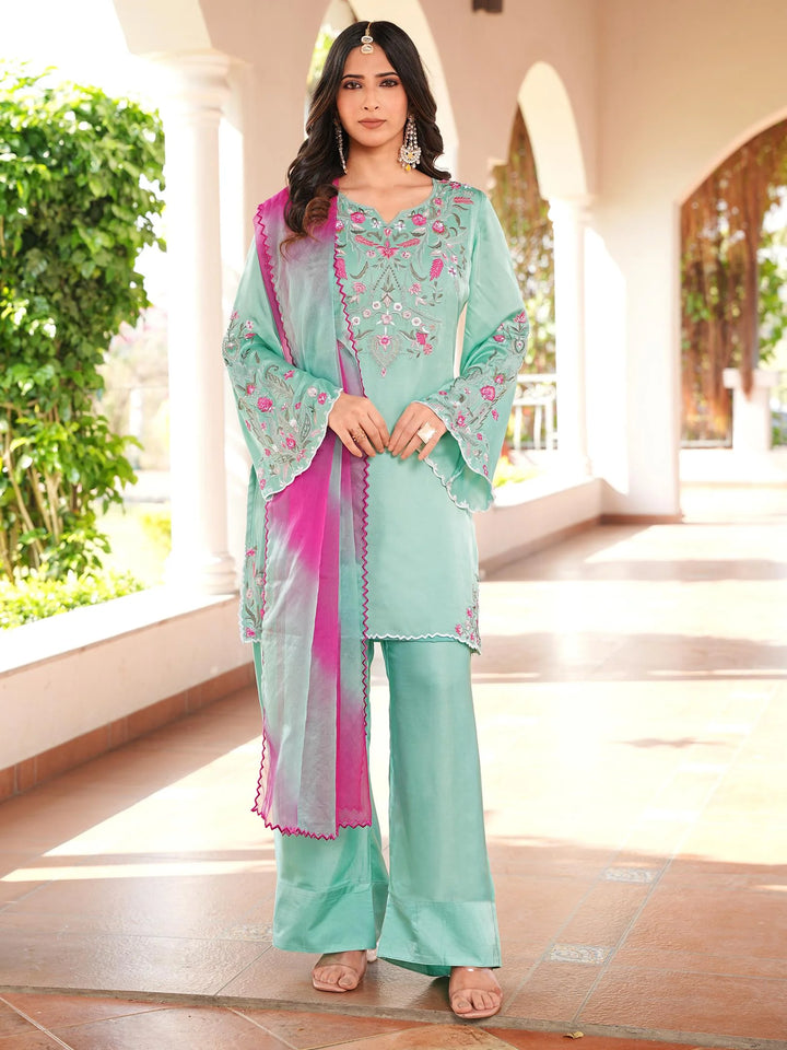 Light Green Hand Embroidery Modal Silk Straight Suit