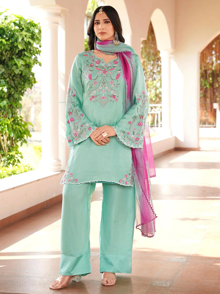 Light Green Hand Embroidery Modal Silk Straight Suit