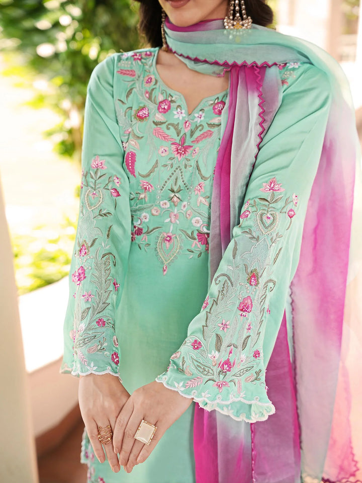 Light Green Hand Embroidery Modal Silk Straight Suit
