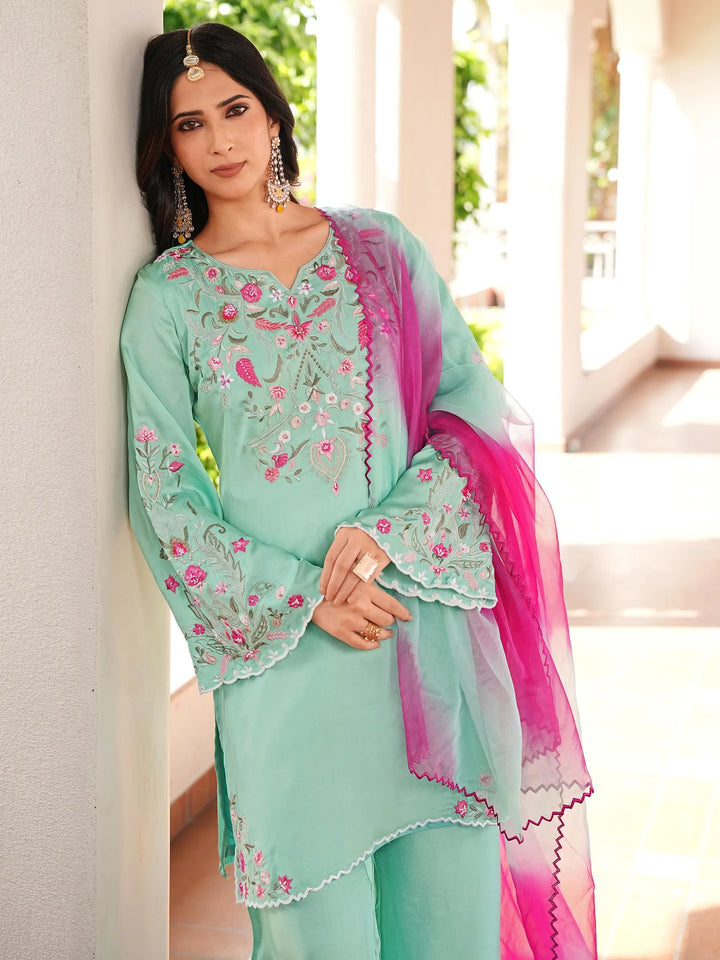 Light Green Hand Embroidery Modal Silk Straight Suit