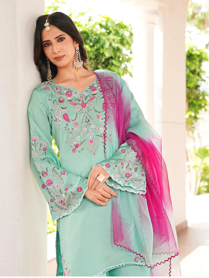 Light Green Hand Embroidery Modal Silk Straight Suit