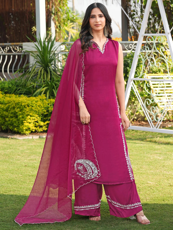 Pink Hand Embroidery Modal Silk Straight Suit