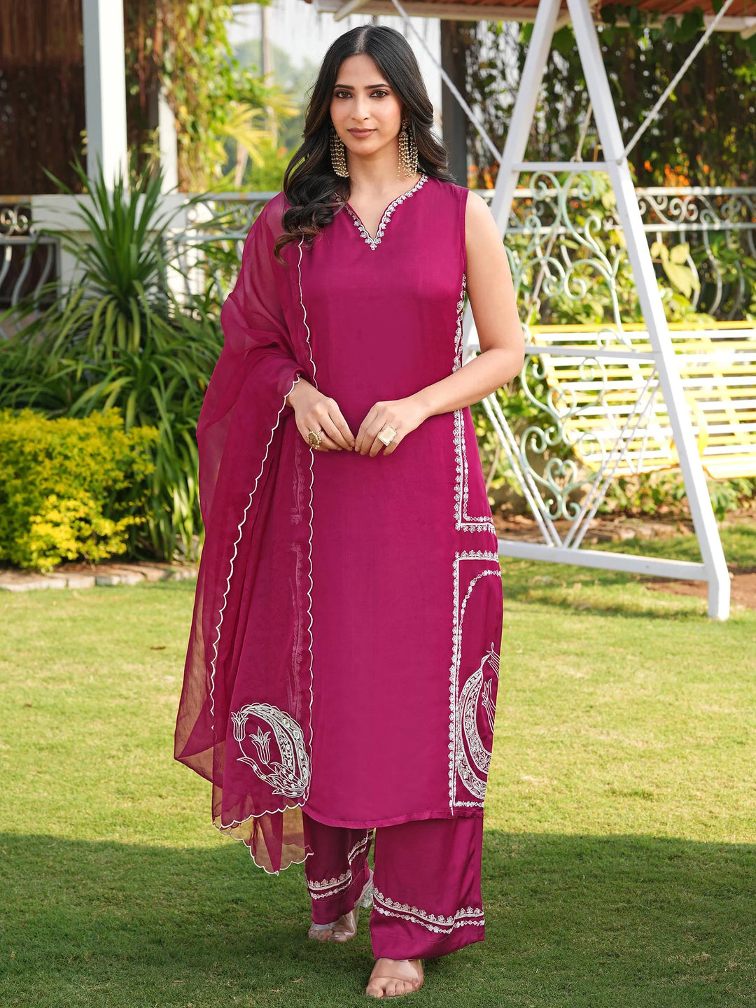 Pink Hand Embroidery Modal Silk Straight Suit