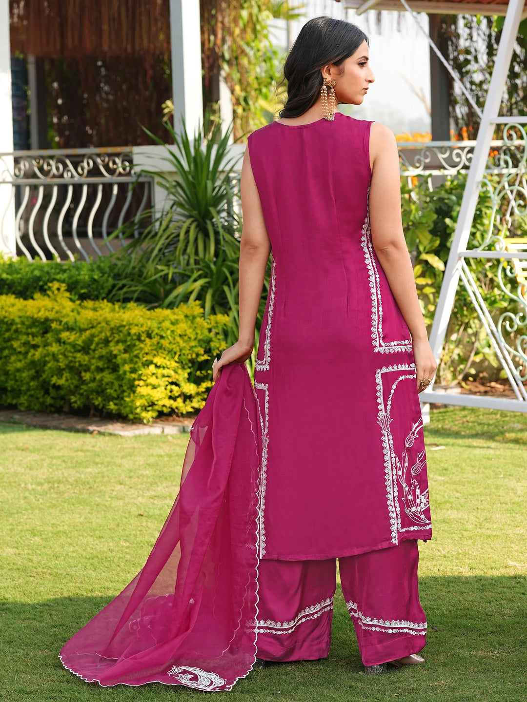 Pink Hand Embroidery Modal Silk Straight Suit