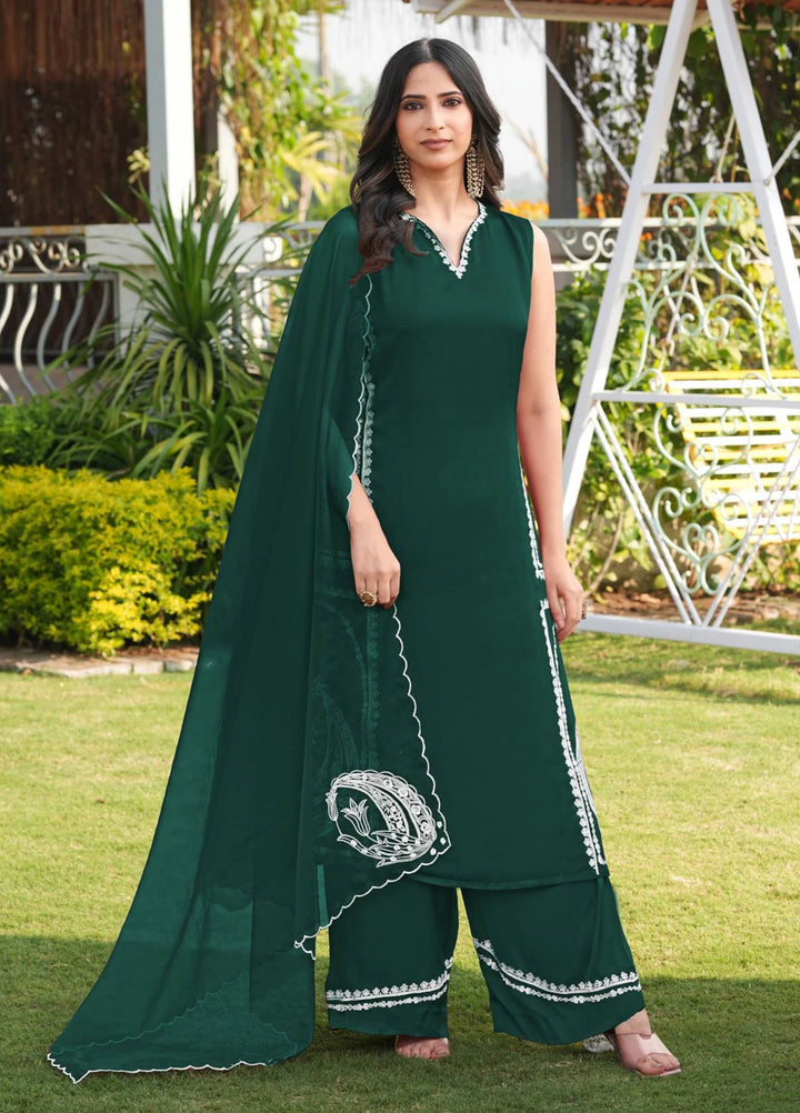 Dark Green Embroidery Modal Silk Straight Suit