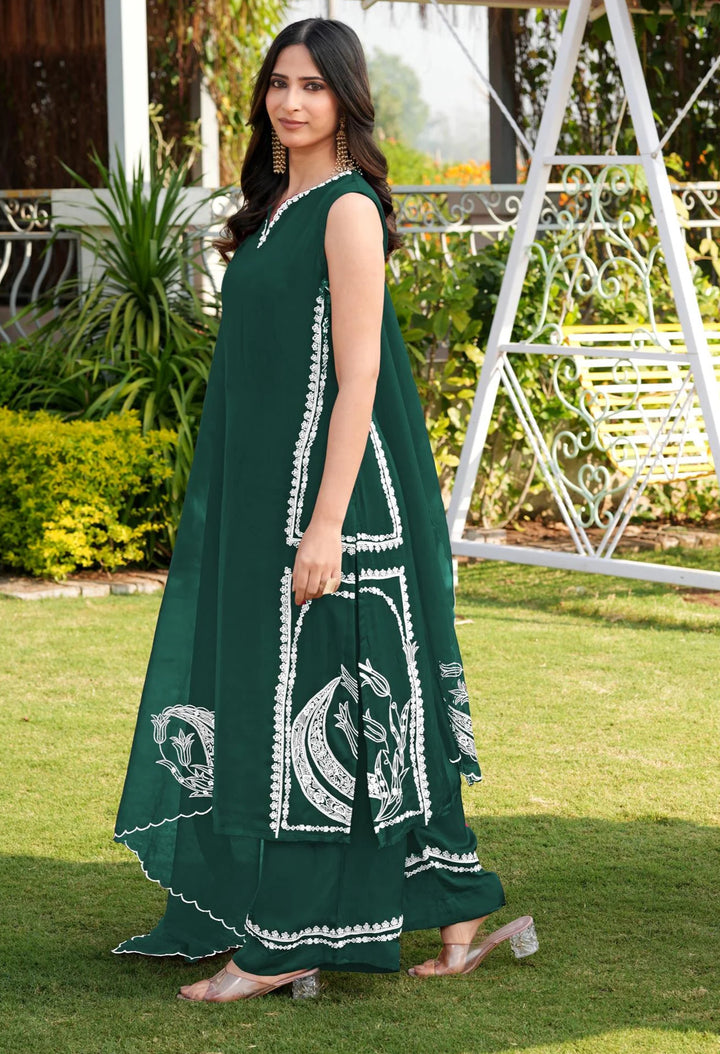 Dark Green Embroidery Modal Silk Straight Suit