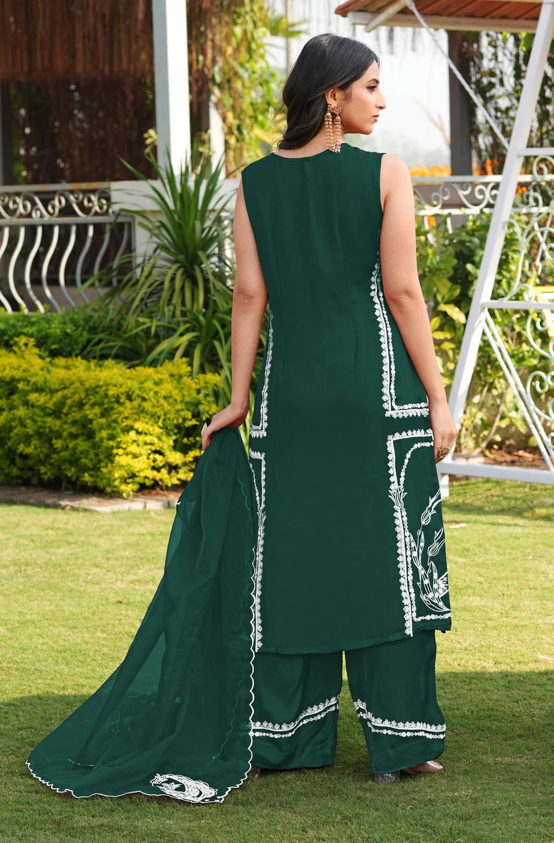 Dark Green Embroidery Modal Silk Straight Suit