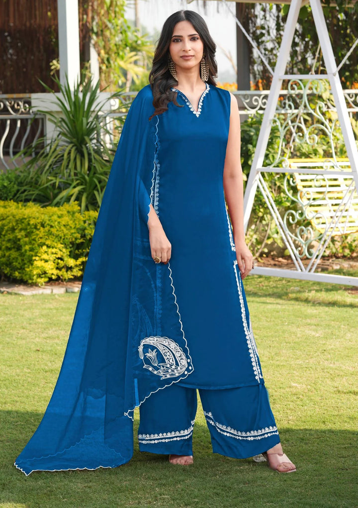 Royal Blue Embroidery Modal Silk Straight Suit
