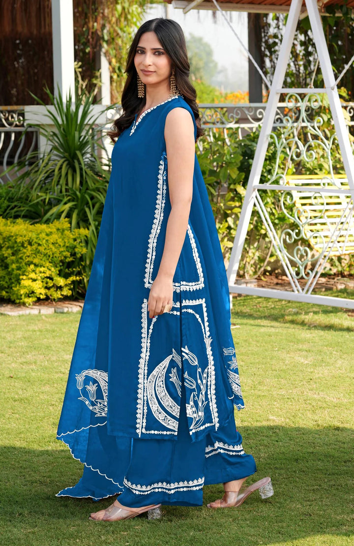 Royal Blue Embroidery Modal Silk Straight Suit