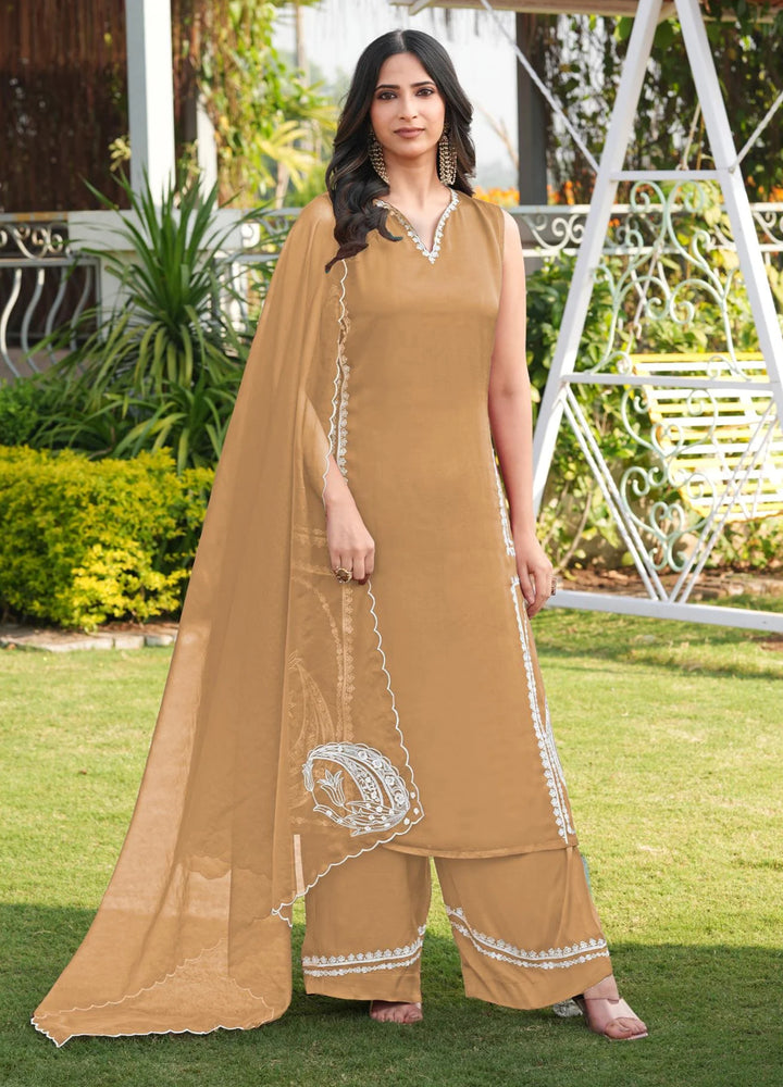 Light Brown Embroidery Modal Silk Straight Suit