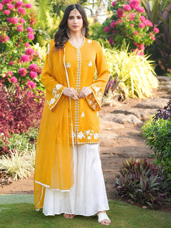 Yellow Hand Embroidery Modal Silk Straight Suit