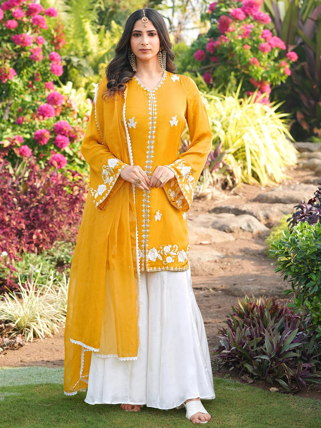 Yellow Hand Embroidery Modal Silk Straight Suit