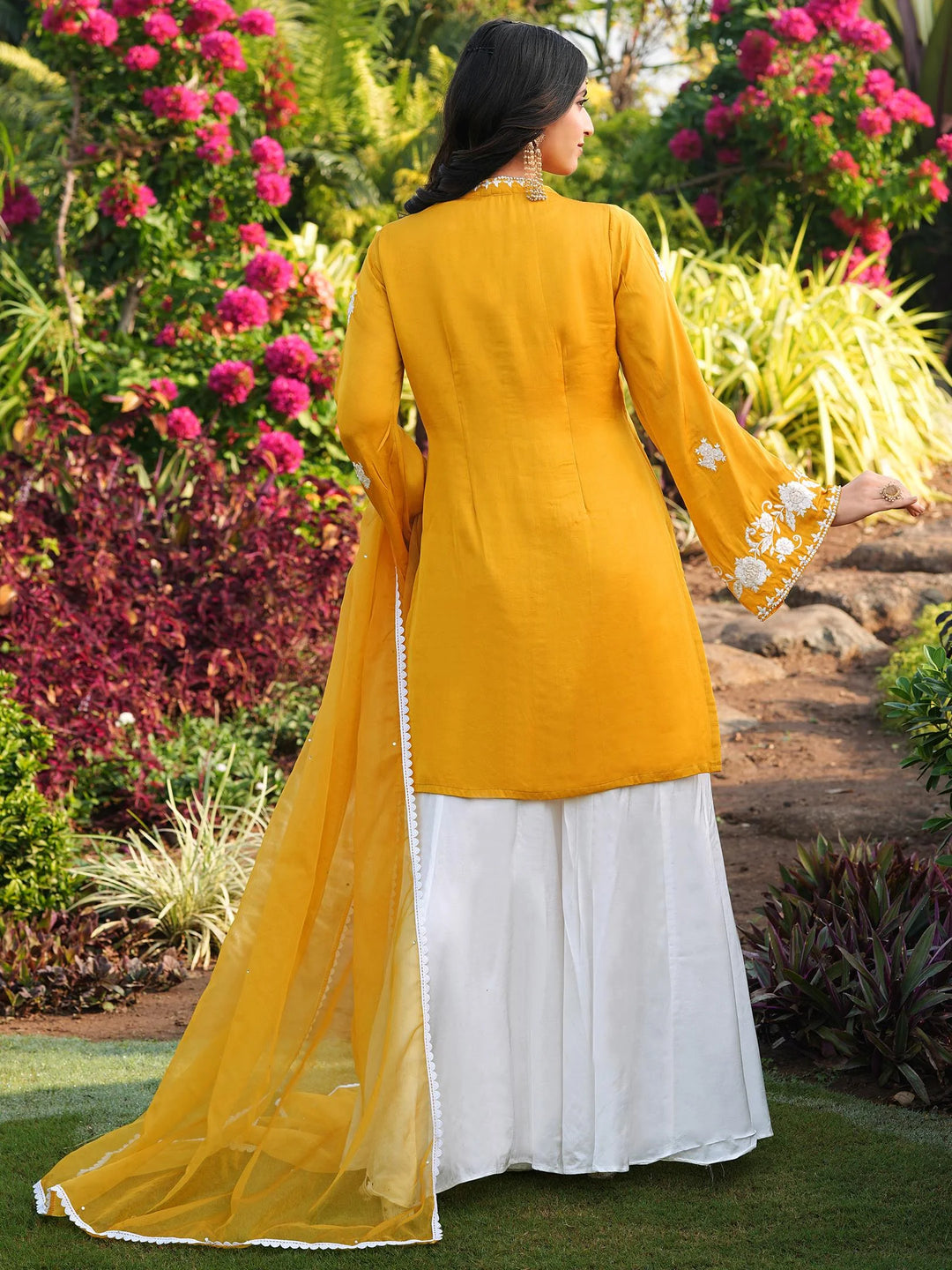 Yellow Hand Embroidery Modal Silk Straight Suit