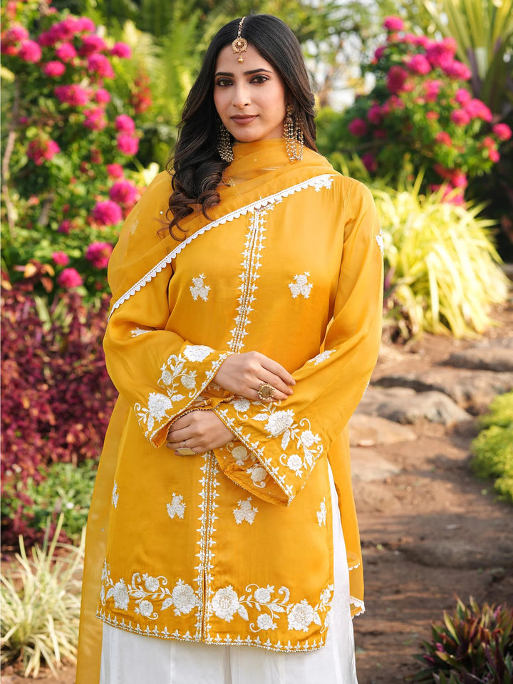 Yellow Hand Embroidery Modal Silk Straight Suit