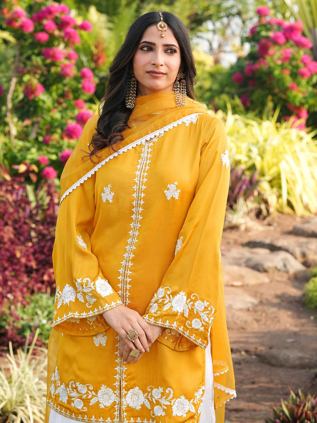 Yellow Hand Embroidery Modal Silk Straight Suit