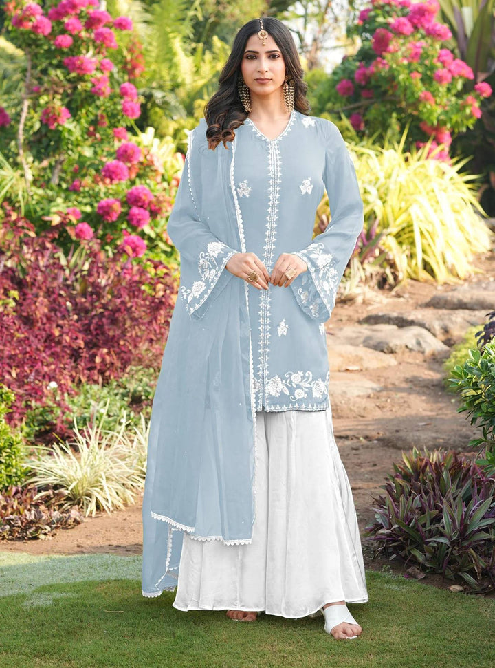 Light Blue Hand Embroidery Modal Silk Straight Suit