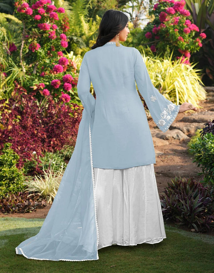 Light Blue Hand Embroidery Modal Silk Straight Suit