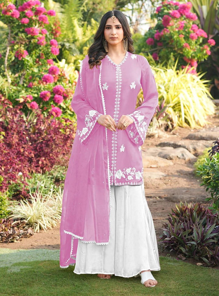 Light Pink Hand Embroidery Modal Silk Straight Suit