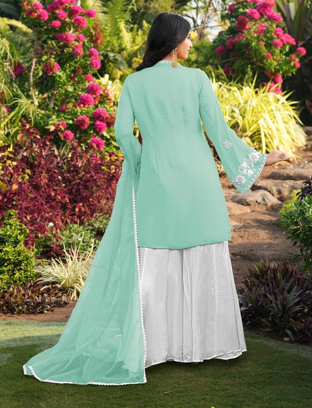 Light Green Hand Embroidery Modal Silk Straight Suit