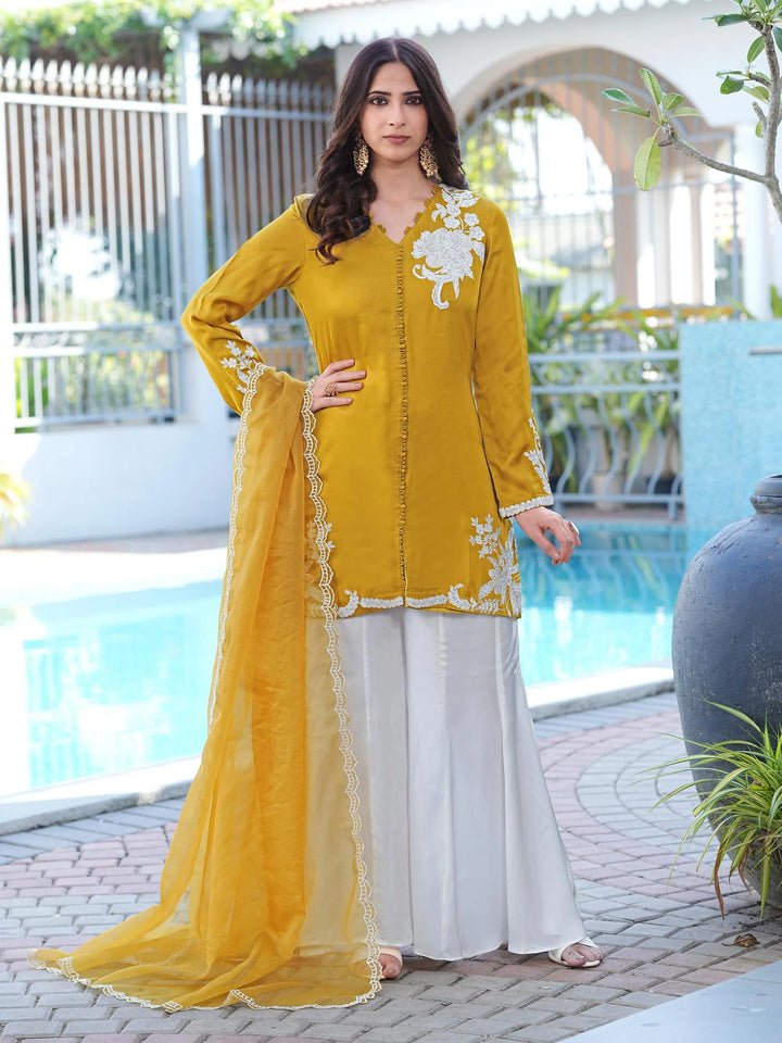 Mustard Yellow Hand Embroidery Modal Silk Straight Suit