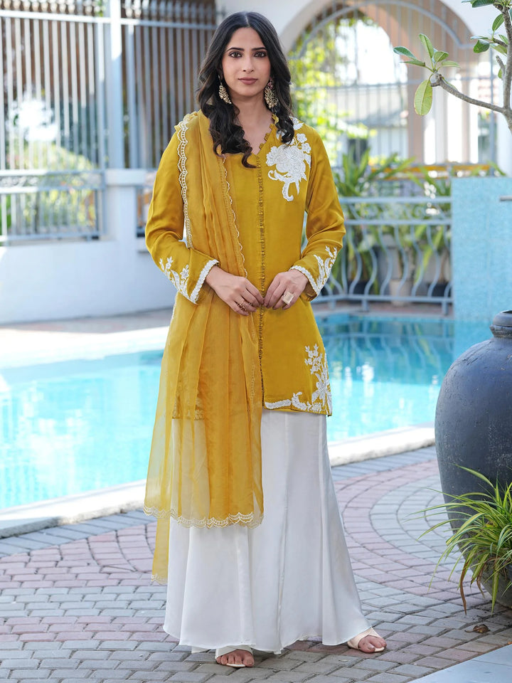 Mustard Yellow Hand Embroidery Modal Silk Straight Suit