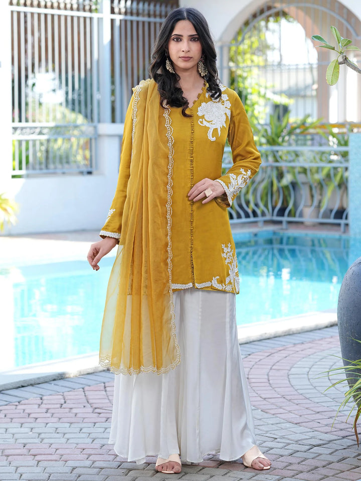 Mustard Yellow Hand Embroidery Modal Silk Straight Suit