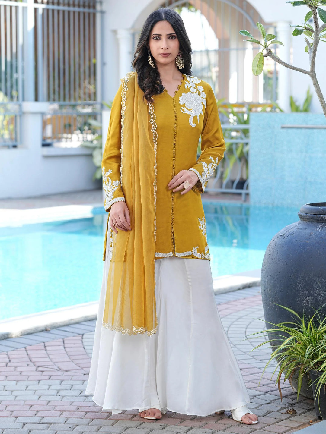 Mustard Yellow Hand Embroidery Modal Silk Straight Suit