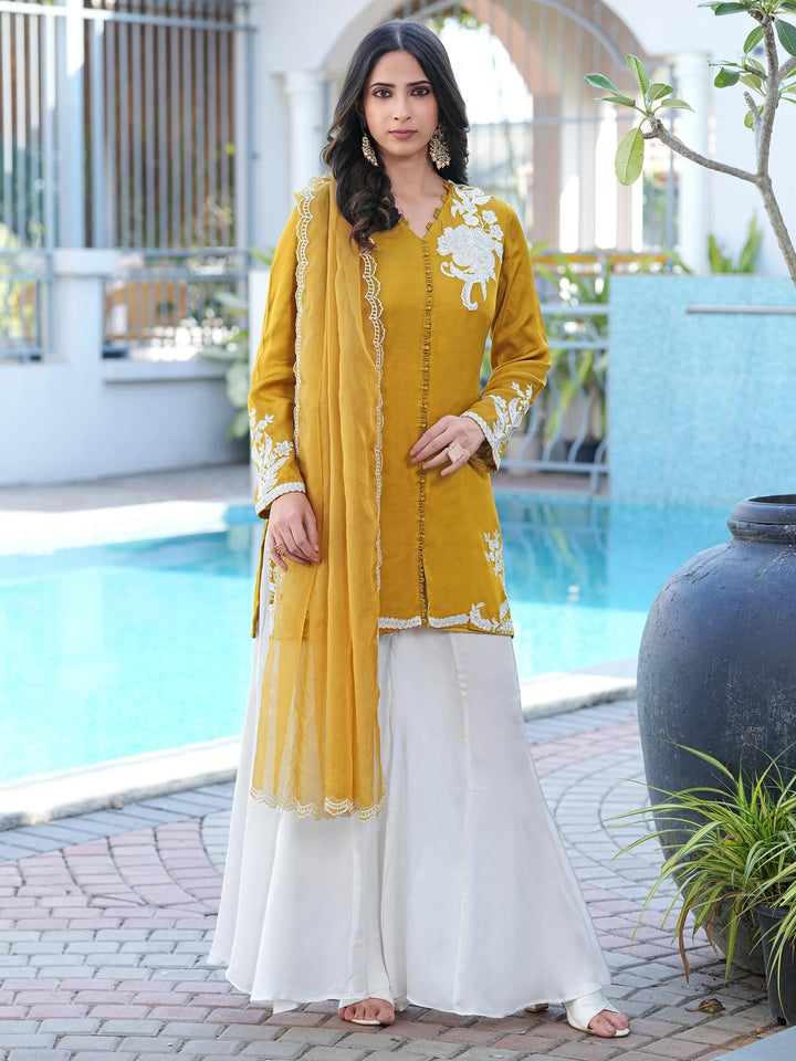 Mustard Yellow Hand Embroidery Modal Silk Straight Suit