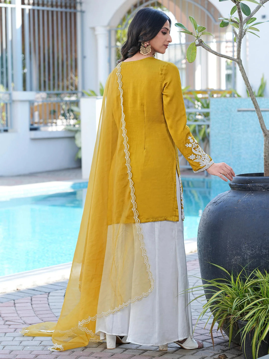 Mustard Yellow Hand Embroidery Modal Silk Straight Suit