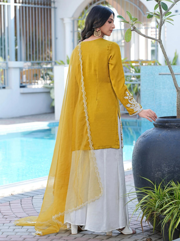 Mustard Yellow Hand Embroidery Modal Silk Straight Suit